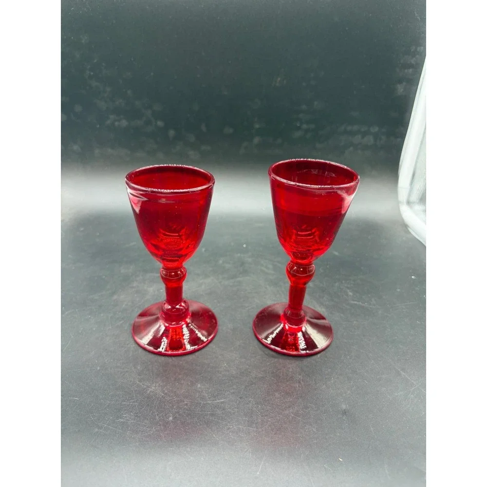 Vintage Ruby Red Glass Cordial Glasses Stemmed Liqueur Set of 2 Red 4.5 Inch